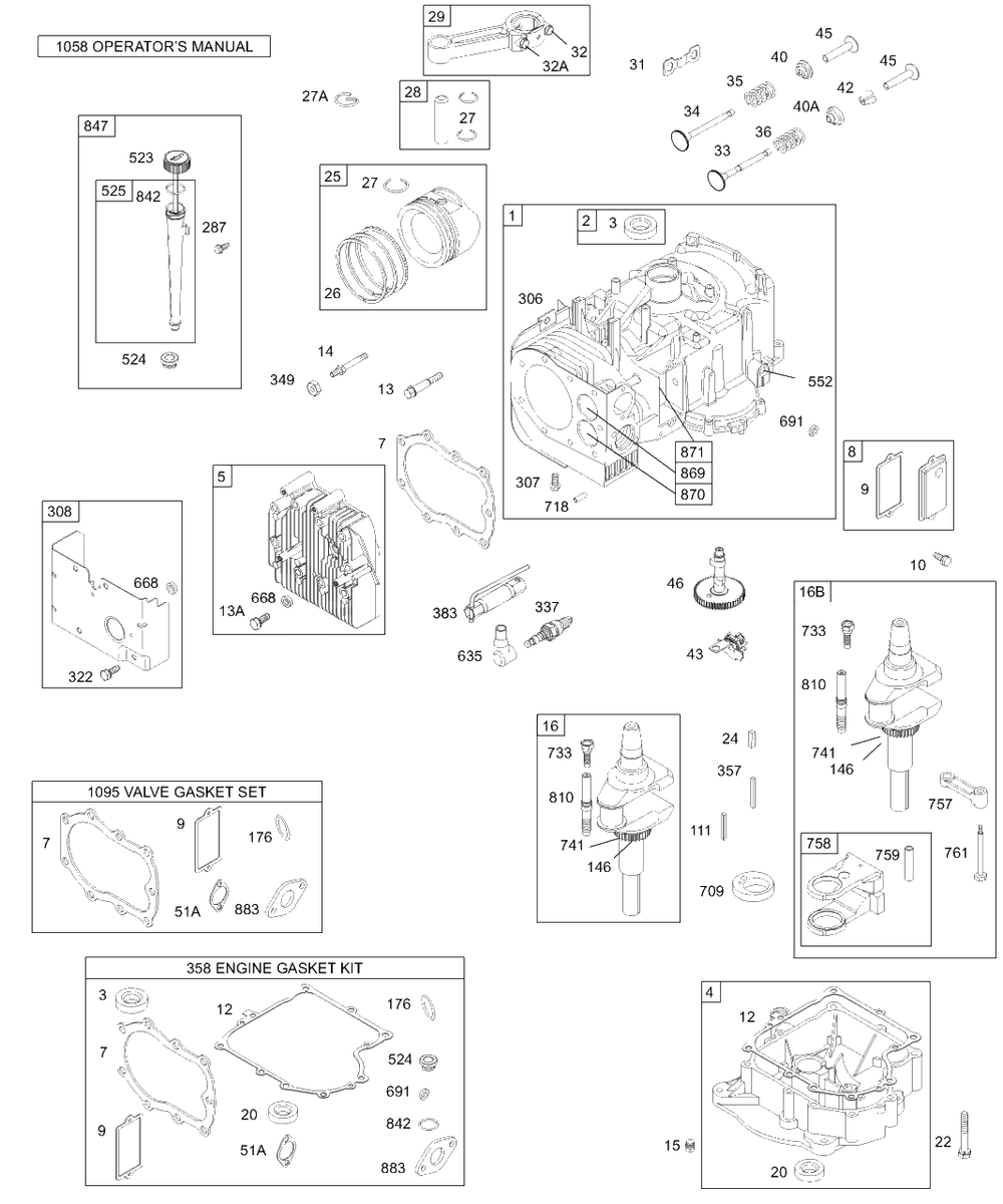 Cylinder, Piston/Ring, Crankshaft, Gasket Kits, Sump Diagram and Parts List for 28B706-1030-XX  Briggs and Stratton Engine